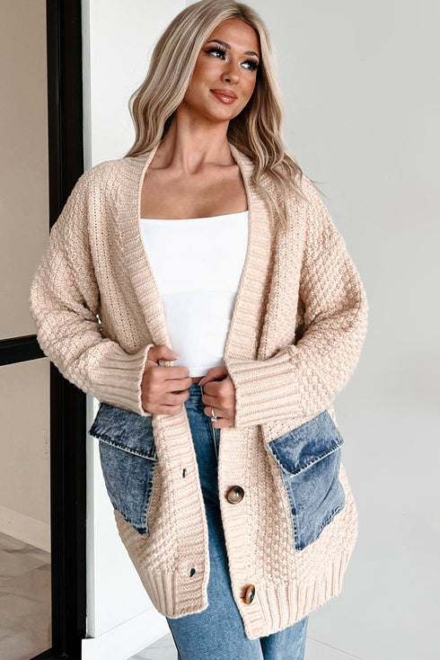 Open Front Textured Knit Denim Patch Pocket Cardigan